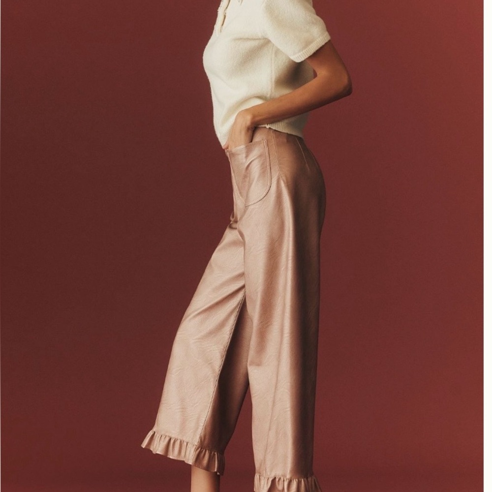 Anthropologie Maeve Collette Crop Pink Metallic  Faux Leather ruffle hem pants